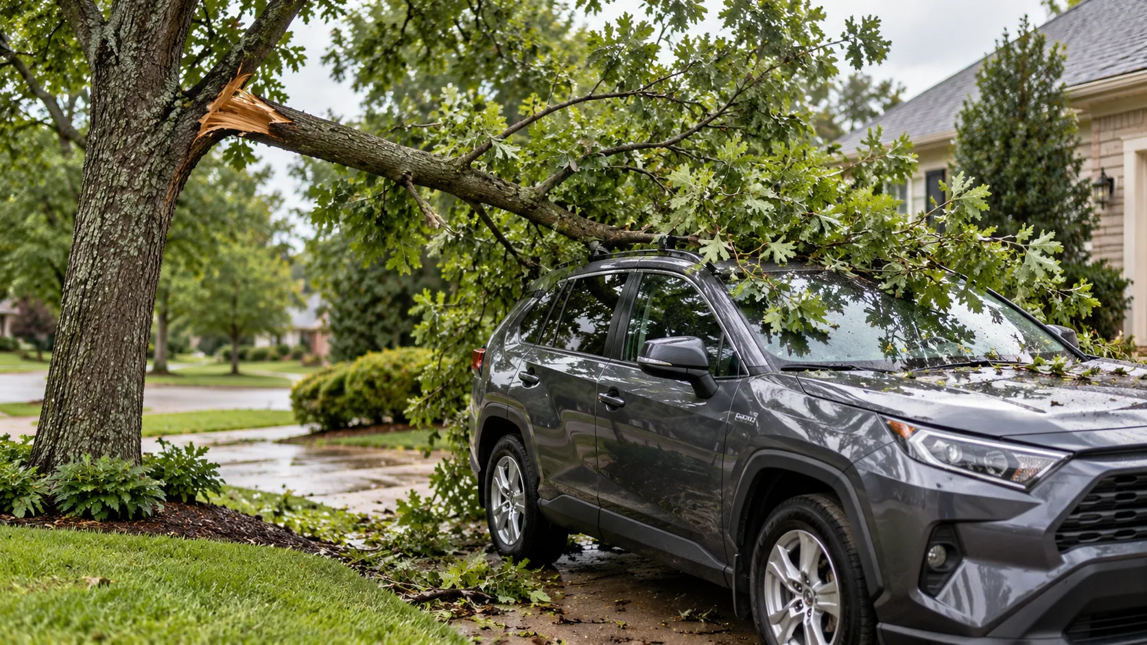 Large limb split from a tree trunk lying across a gray SUV in a driveway after a storm, emergency tree service in Wichita