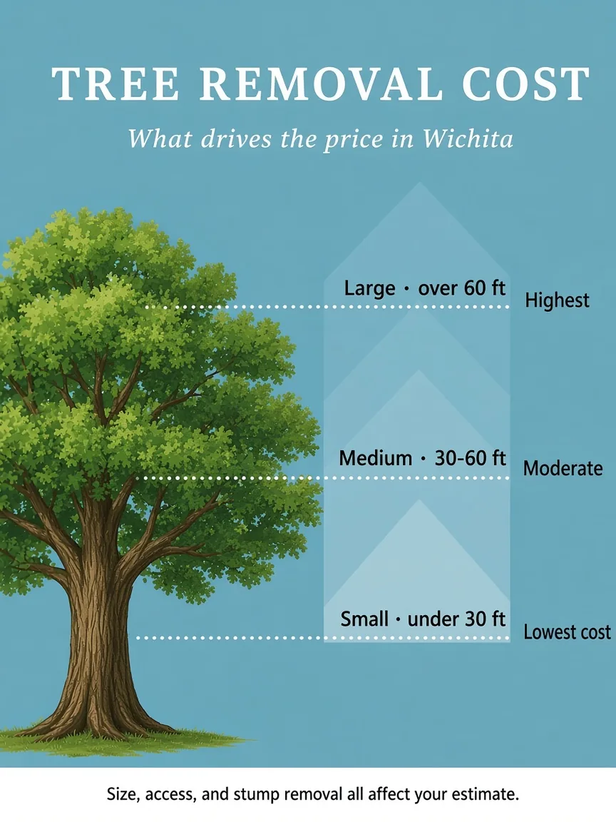 Infographic titled Tree Removal Cost, what drives the price in Wichita, showing small trees under 30 ft at the lowest cost, medium 30 to 60 ft moderate and large over 60 ft highest, and noting that size, access and stump removal all affect your estimate, tree cost estimate in Wichita