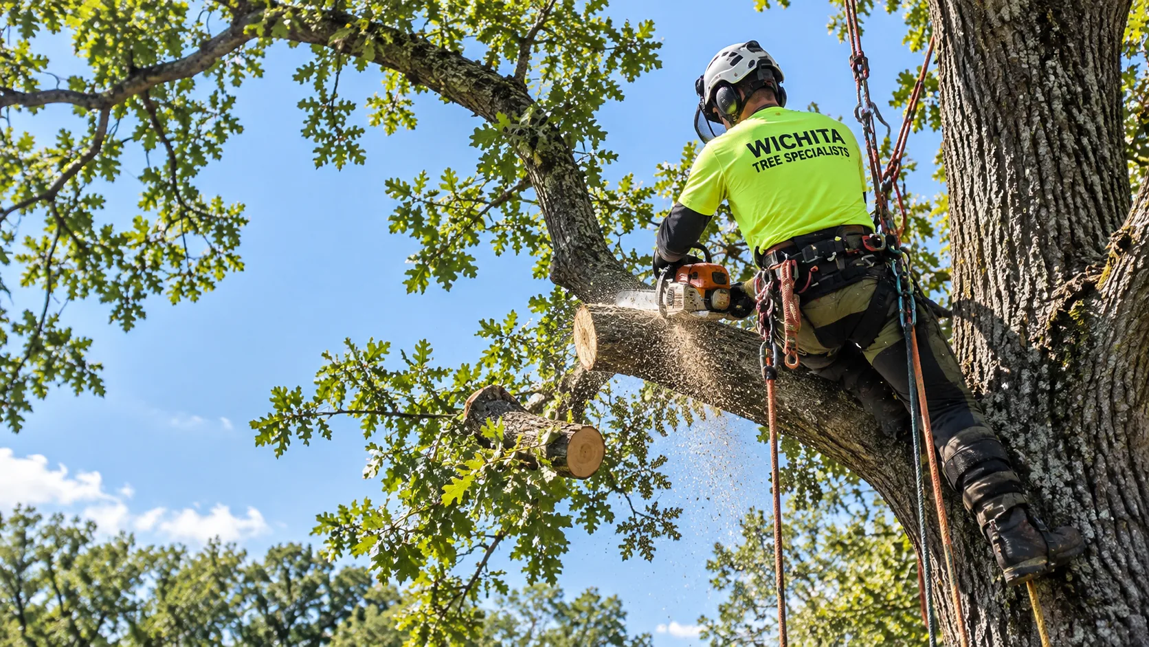 Climber in a helmet, harness and hi-vis shirt cutting a large limb with a chainsaw high in a tree, tree removal in Wichita